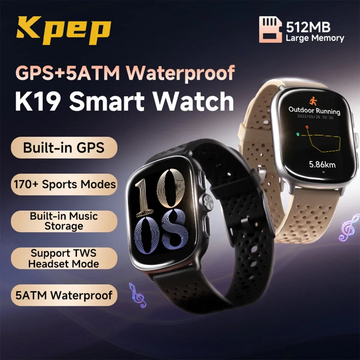 KPEP K19 GPS Smart Watch 512MB Memory Music TWS Earphones